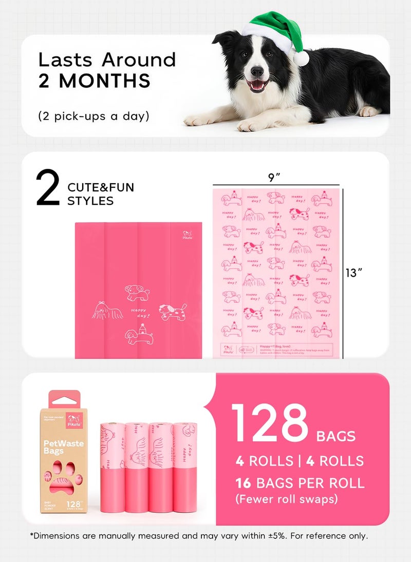 Pikoto Dog Poop Bags Rolls, 128 Count (8 Refills) - 60% Recycled Plastic Baby Powder Scented - Leak Proof, Extra Thick Waste Bag with Easy-Peel Sticker (Pink) - Image 2