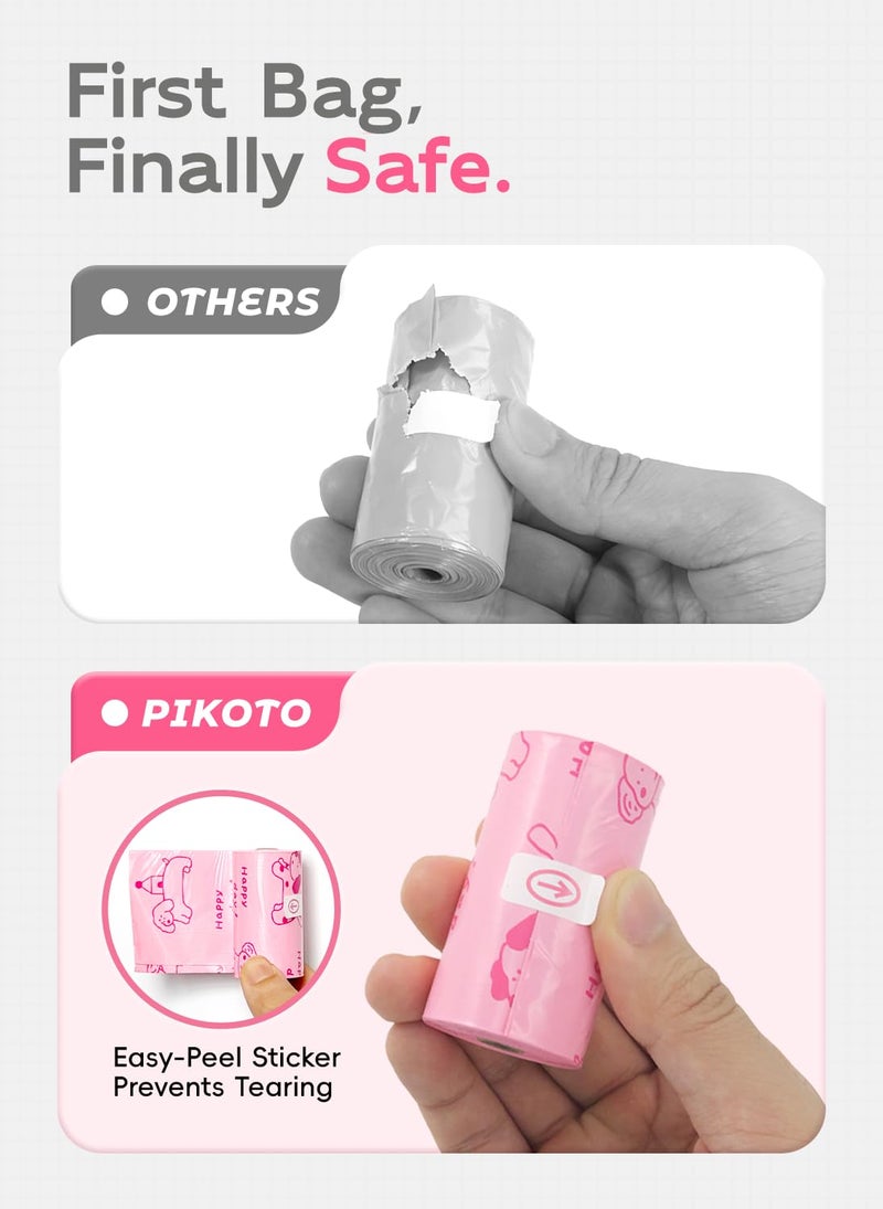 Pikoto Dog Poop Bags Rolls, 128 Count (8 Refills) - 60% Recycled Plastic Baby Powder Scented - Leak Proof, Extra Thick Waste Bag with Easy-Peel Sticker (Pink) - Image 3