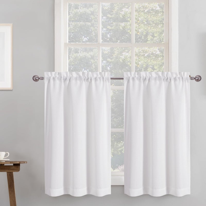 Chyhomenyc 2 Panels White Kitchen Curtains 36 Inch Length Tier Curtain, Faux Linen Textured Small Cafe Curtain, Light Filtering Short Window Curtains for Bathroom Basement, 30x36 inch, 2PCS - Image 1