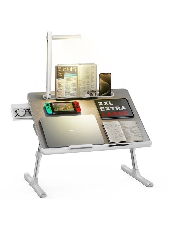 SAIJI Laptop Bed Tray Desk with LED Desk Light, Adjustable Laptop Stand for Bed, XX-Large PVC Leather Foldable Laptop Table with Book Stand, Wrist Rest, Extra Leg Room for Sofa Couch Floor (Gray) - Image 1