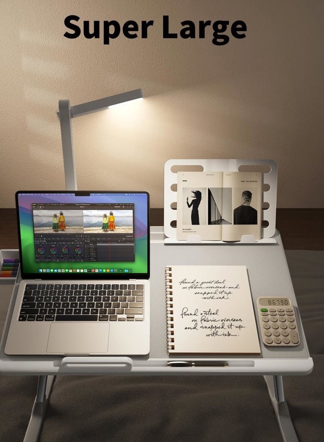 SAIJI Laptop Bed Tray Desk with LED Desk Light, Adjustable Laptop Stand for Bed, XX-Large PVC Leather Foldable Laptop Table with Book Stand, Wrist Rest, Extra Leg Room for Sofa Couch Floor (Gray) - Image 3