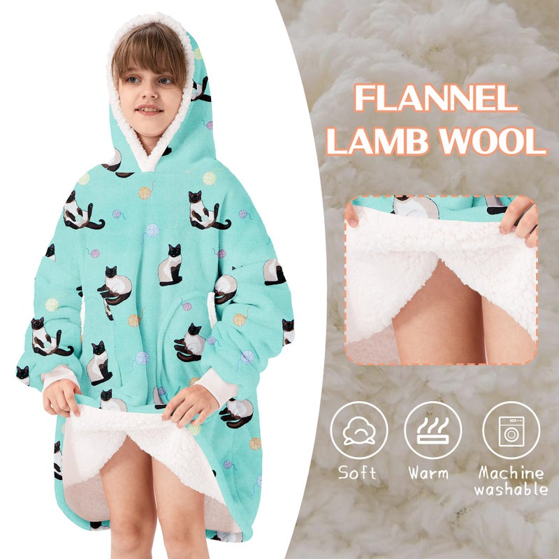 Zando Zando Blue Cat Blanket Hoodie Blanket Teens Cozy Warm Wearable Blanket Hoodies Oversized Hooded Blanket Boys Girls Sherpa Blanket Hoodie with Pocket Thick Fleece Sweater Blanket Gift for kids - Image 2