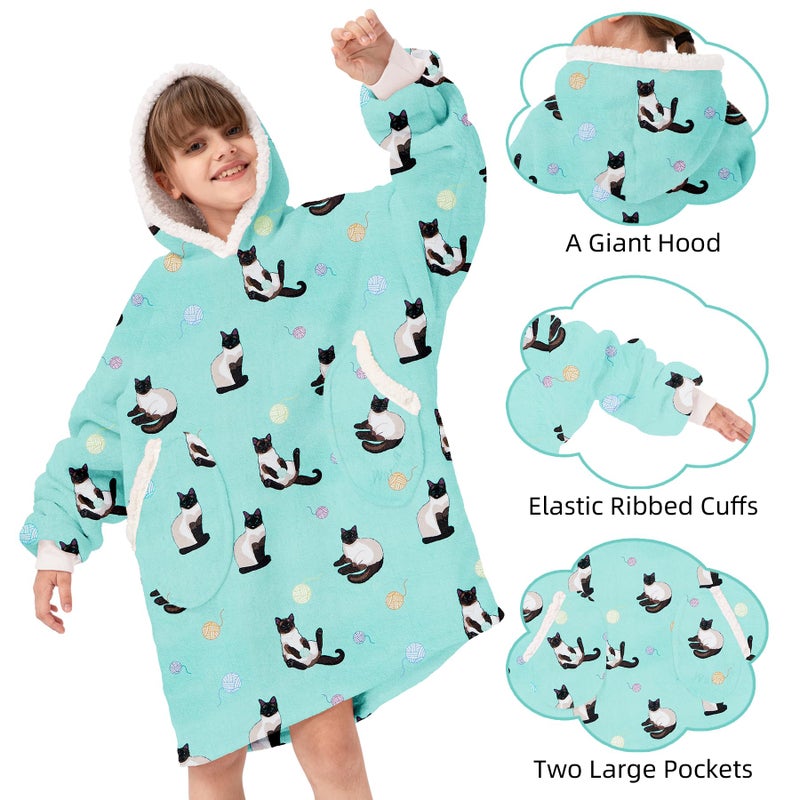 Zando Zando Blue Cat Blanket Hoodie Blanket Teens Cozy Warm Wearable Blanket Hoodies Oversized Hooded Blanket Boys Girls Sherpa Blanket Hoodie with Pocket Thick Fleece Sweater Blanket Gift for kids - Image 3