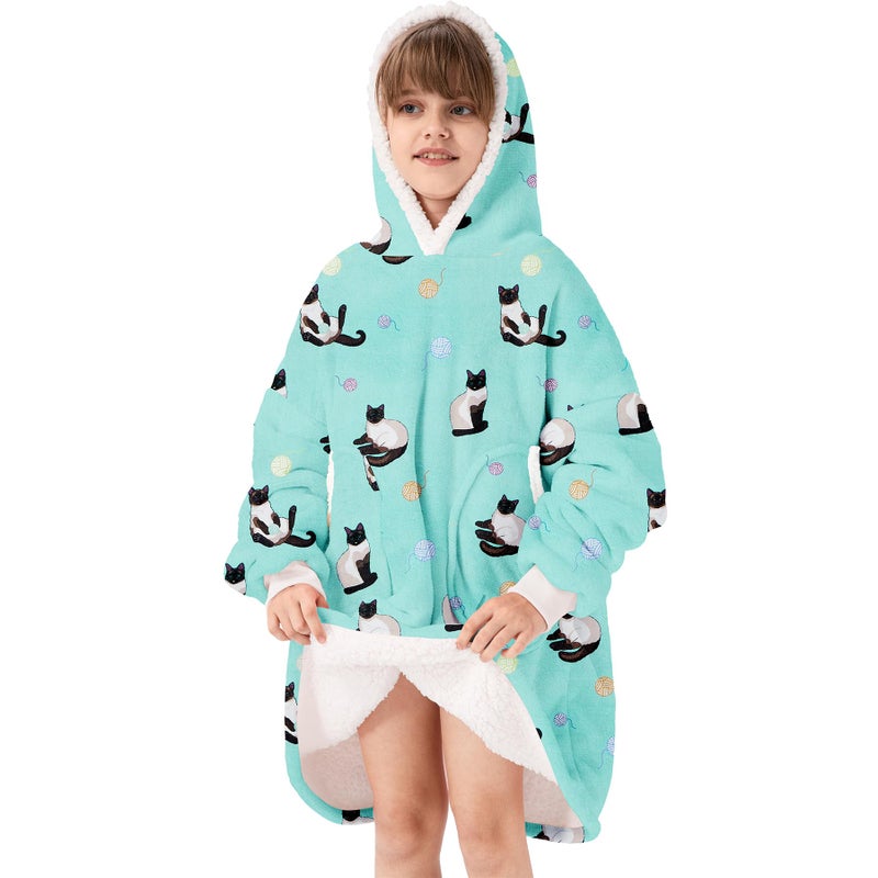 Zando Zando Blue Cat Blanket Hoodie Blanket Teens Cozy Warm Wearable Blanket Hoodies Oversized Hooded Blanket Boys Girls Sherpa Blanket Hoodie with Pocket Thick Fleece Sweater Blanket Gift for kids - Image 1