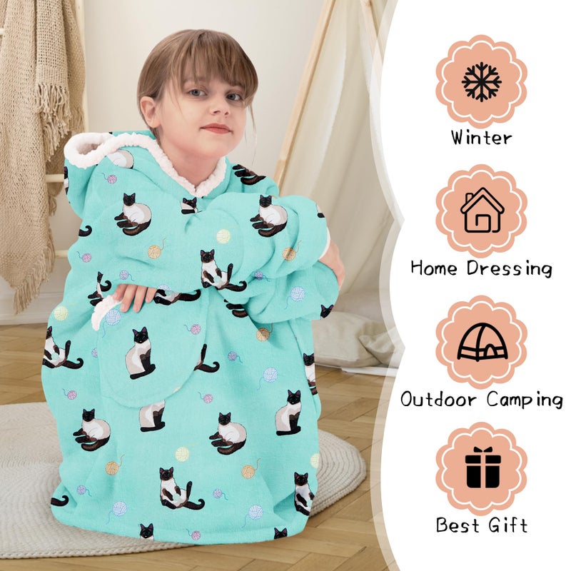 Zando Zando Blue Cat Blanket Hoodie Blanket Teens Cozy Warm Wearable Blanket Hoodies Oversized Hooded Blanket Boys Girls Sherpa Blanket Hoodie with Pocket Thick Fleece Sweater Blanket Gift for kids - Image 4
