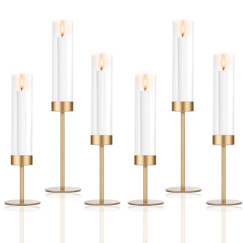 POKINE Set of 6 Gold Candle Holders Tall Hurricane Candlestick Holders with Glass for Taper and Pillar Candles Home Decor for Wedding Christmas Party Anniversary Dining Table - Image 1