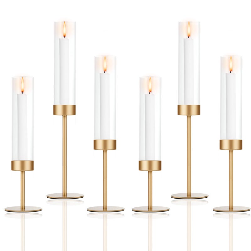 POKINE Set of 6 Gold Candle Holders Tall Hurricane Candlestick Holders with Glass for Taper and Pillar Candles Home Decor for Wedding Christmas Party Anniversary Dining Table - Image 2