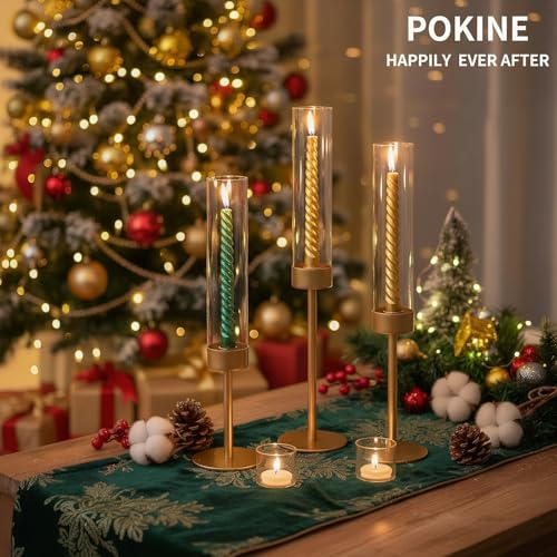 POKINE Set of 6 Gold Candle Holders Tall Hurricane Candlestick Holders with Glass for Taper and Pillar Candles Home Decor for Wedding Christmas Party Anniversary Dining Table - Image 3