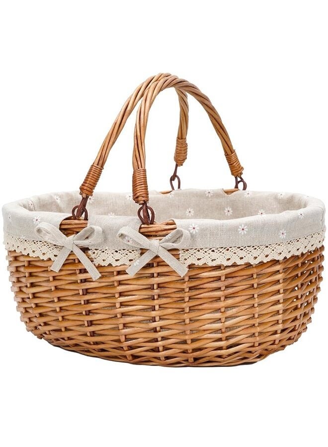 Wicker Picnic Basket with Double Folding Handles,Willow Picnic Hamper,Natural Hand Woven Easter Basket,Bath Toy and Kids Toy Storage White - Image 1