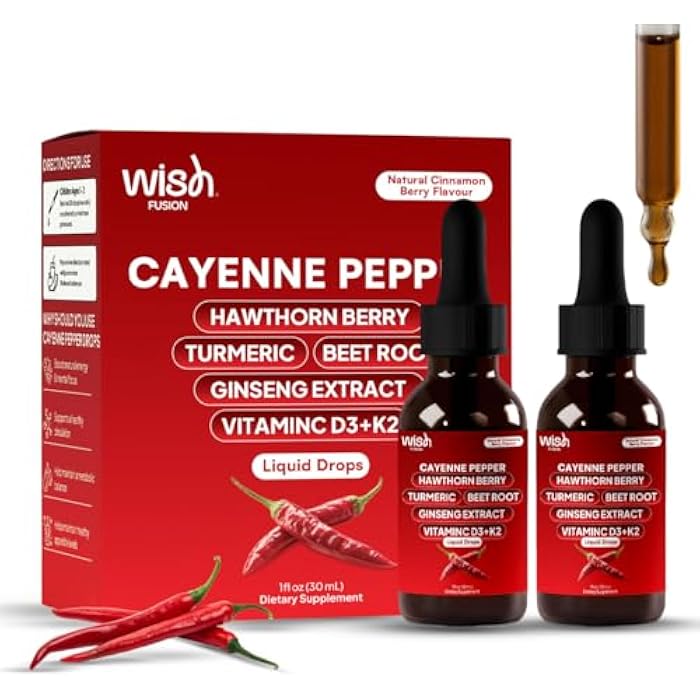 Wish Fusion Cayenne Pepper Drops with Hawthorn Berry, Turmeric, Beet Root & Ginseng Vitamin D3 + K2, 2 Pack Organic Cayenne Pepper Drops for Men Support Circulation & Energy Liquid Cayenne Pepper - Image 1