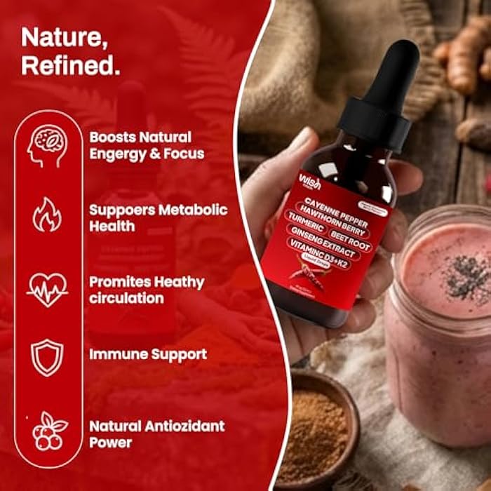 Wish Fusion Cayenne Pepper Drops with Hawthorn Berry, Turmeric, Beet Root & Ginseng Vitamin D3 + K2, 2 Pack Organic Cayenne Pepper Drops for Men Support Circulation & Energy Liquid Cayenne Pepper - Image 5