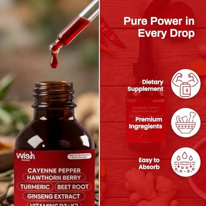 Wish Fusion Cayenne Pepper Drops with Hawthorn Berry, Turmeric, Beet Root & Ginseng Vitamin D3 + K2, 2 Pack Organic Cayenne Pepper Drops for Men Support Circulation & Energy Liquid Cayenne Pepper - Image 2