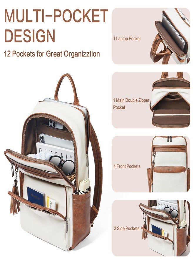 Mroede Leather Laptop Backpack for Women,Leather Backpack with Laptop Compartment Fit 15.6 inch Laptops,Carry-on Travel Backpacks,Casual Daypack for Work Business Weekender College,Beige - Image 4