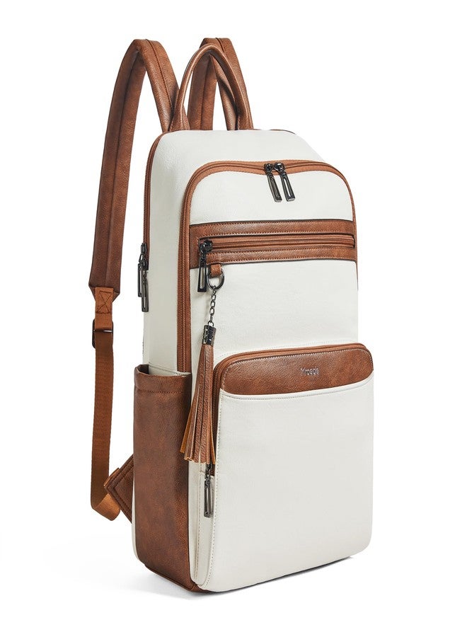 Mroede Leather Laptop Backpack for Women,Leather Backpack with Laptop Compartment Fit 15.6 inch Laptops,Carry-on Travel Backpacks,Casual Daypack for Work Business Weekender College,Beige - Image 1