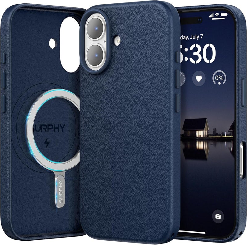 SURPHY Designed for iPhone 17 Leather Case, Compatible with MagSafe Wireless Charging Faux Leather Case with Metallic Buttons and Microfiber Lining for 17 6.3 inch 2025, Midnight Blue - Image 1