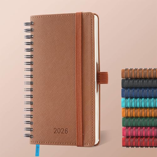 IN-LUXPRO Planner 2026 Daily Weekly and Monthly,6.5"x3.75",12 Months Spiral Bound Calendar Agenda with Self-adhesive Pen Holder,2026 Appointment Book with Vegan Leather Soft Cover,Brown - Image 1