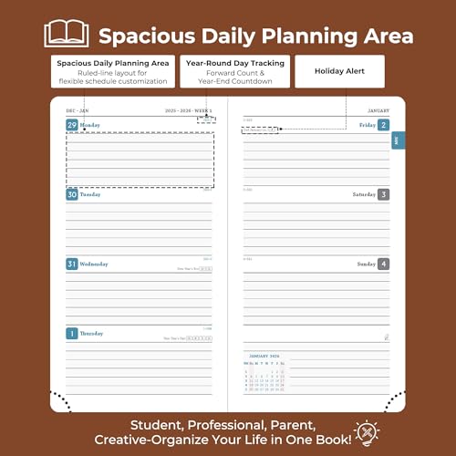 IN-LUXPRO Planner 2026 Daily Weekly and Monthly,6.5"x3.75",12 Months Spiral Bound Calendar Agenda with Self-adhesive Pen Holder,2026 Appointment Book with Vegan Leather Soft Cover,Brown - Image 3