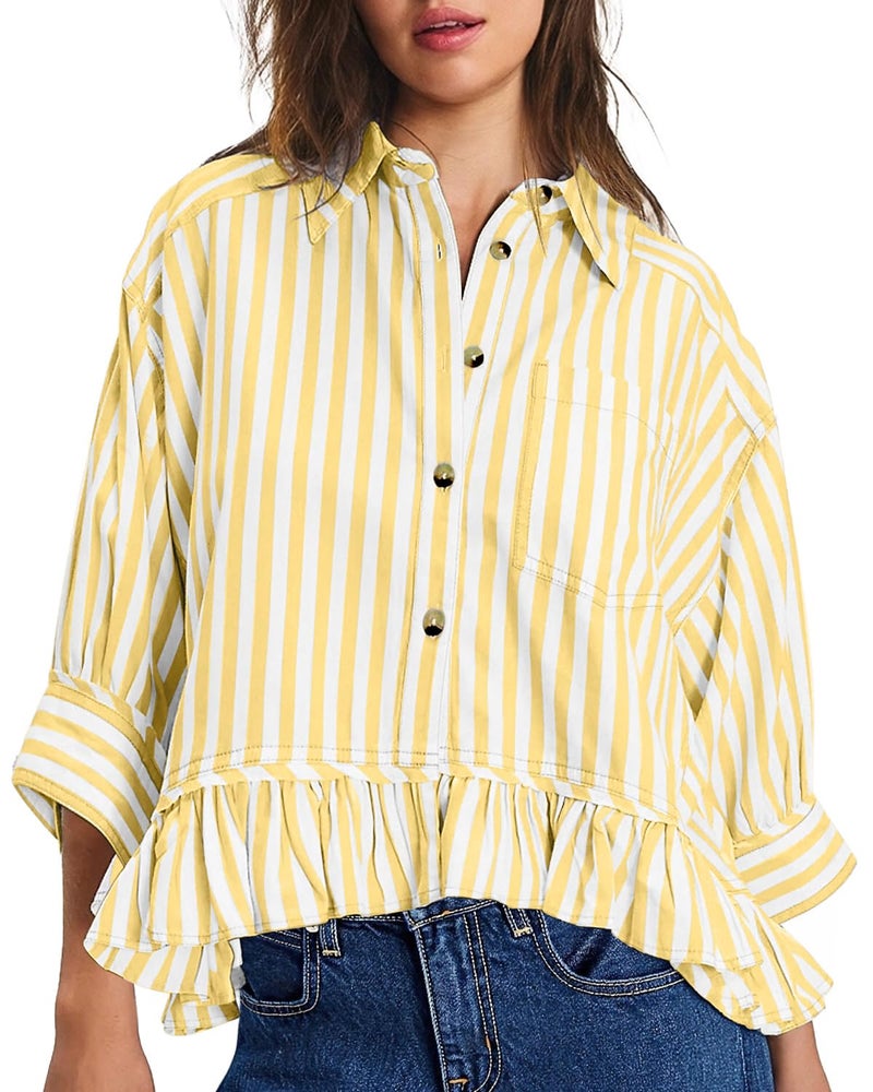 CHYRII Womens Summer Tops Dressy Casual Blouse Top Ruffled Short Sleeve Button Down Striped Shirt Yellow M