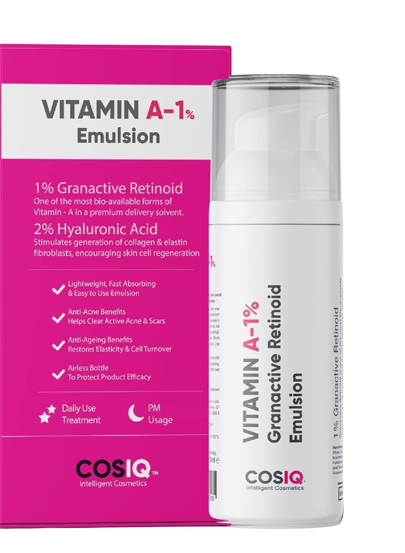 CosIQ Cos-IQ 1% Vitamin A Granactive Retinoid Emulsion Face Serum | Vit-A Anti Ageing Night Cream Serum for Wrinkles, Fine Lines & Acne | For Women & Men | 30ml - Image 1