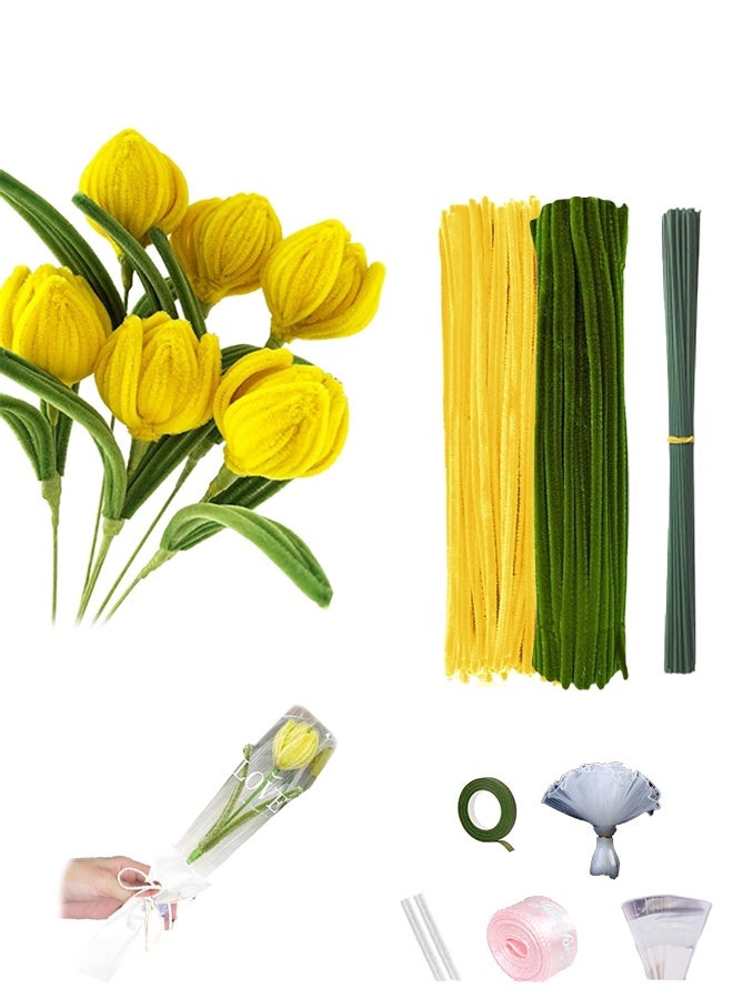 Lemon Rose Pipe Cleaners for Craft, Tulip Pipe Cleaners for Craft, 30cm Green and Yellow Pipe Cleaners, Fuzzy Sticks Craft Supplies, Chenille Stems with Flower Pole, Flower Core & Gardening Tape, Arts & Crafts for DIY(8 Flowers) - Image 1