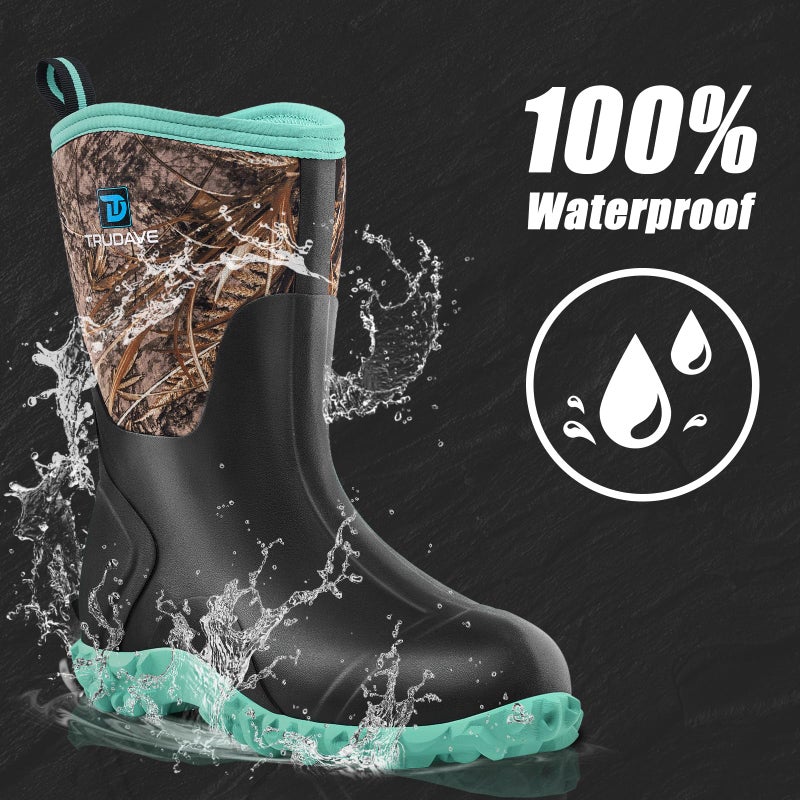 Trudave Rubber Boots for Women with Steel Shank, 6mm Neoprene Mid Calf Rain Boots, Waterproof Insulated Mud Work Boots All Season, Green, Size 8 - Image 3