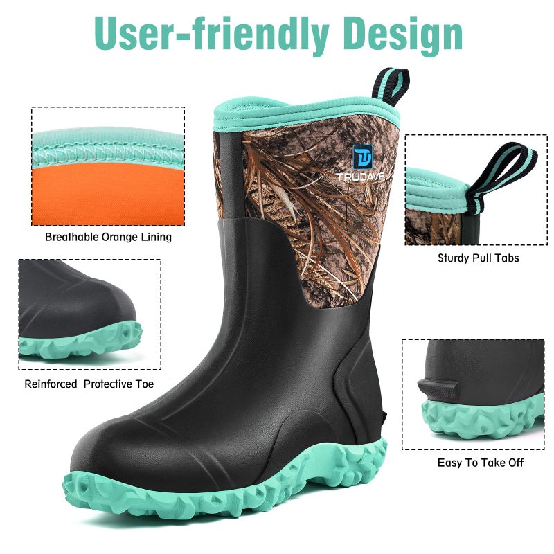 Trudave Rubber Boots for Women with Steel Shank, 6mm Neoprene Mid Calf Rain Boots, Waterproof Insulated Mud Work Boots All Season, Green, Size 8 - Image 4