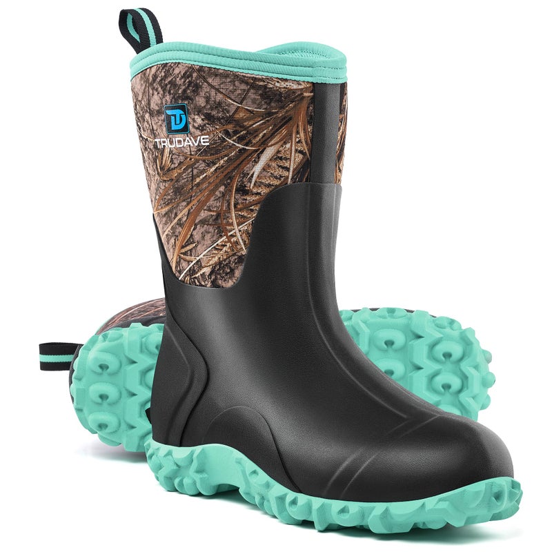 Trudave Rubber Boots for Women with Steel Shank, 6mm Neoprene Mid Calf Rain Boots, Waterproof Insulated Mud Work Boots All Season, Green, Size 8 - Image 1