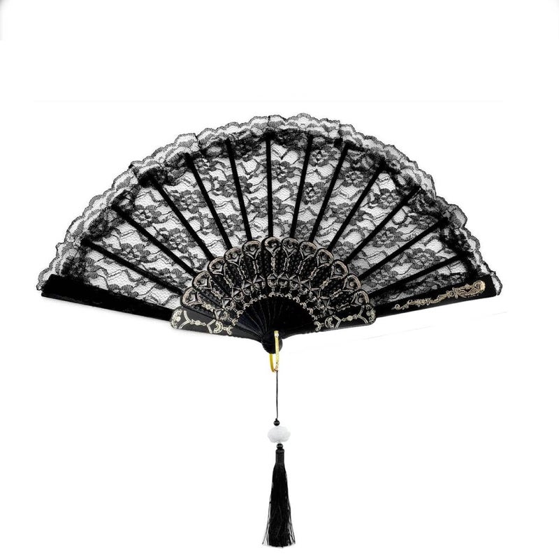 SUPVOX Supvox Lace Folding Fan Handheld Bamboo Hand Fans with White Lotus Jade Tassel for Women Wedding Party Favor Costume Dancing Party  - Image 1