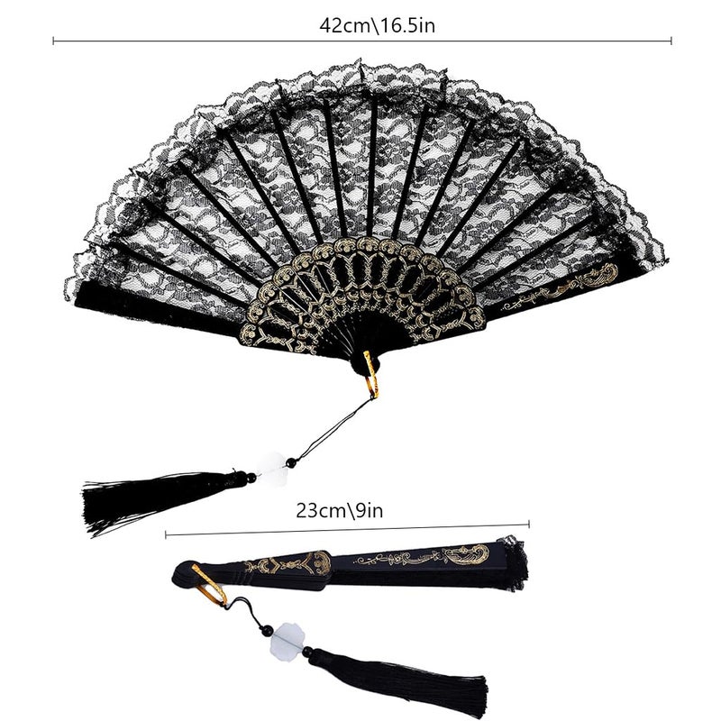 SUPVOX Supvox Lace Folding Fan Handheld Bamboo Hand Fans with White Lotus Jade Tassel for Women Wedding Party Favor Costume Dancing Party  - Image 2