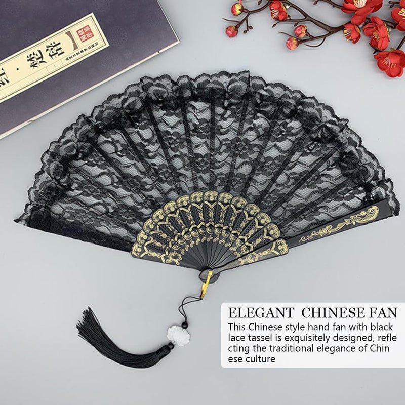 SUPVOX Supvox Lace Folding Fan Handheld Bamboo Hand Fans with White Lotus Jade Tassel for Women Wedding Party Favor Costume Dancing Party  - Image 3