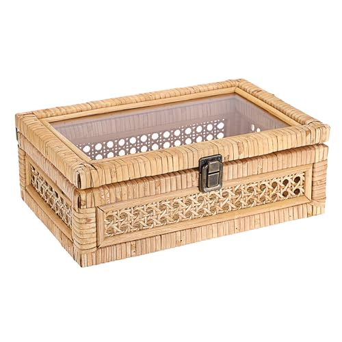 Hipiwe Rattan Display Box with Clear Lid Rectangular Wicker Storage Basket Bin with Metal Secure Latch Handwoven Natural Rattan Decorative Box Small Shelf Organizer Basket for Snacks Remotes - Image 1