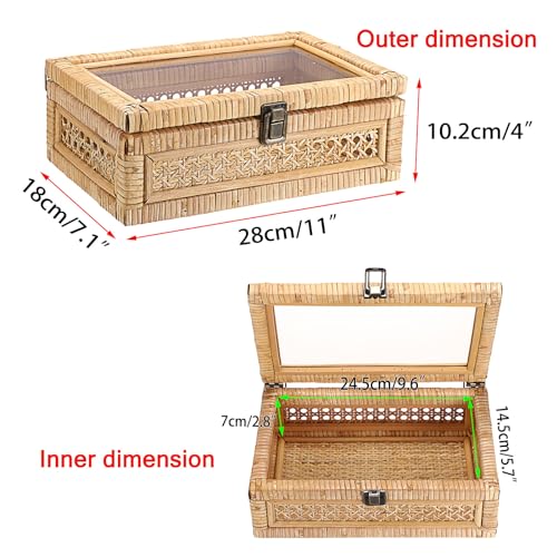 Hipiwe Rattan Display Box with Clear Lid Rectangular Wicker Storage Basket Bin with Metal Secure Latch Handwoven Natural Rattan Decorative Box Small Shelf Organizer Basket for Snacks Remotes - Image 3