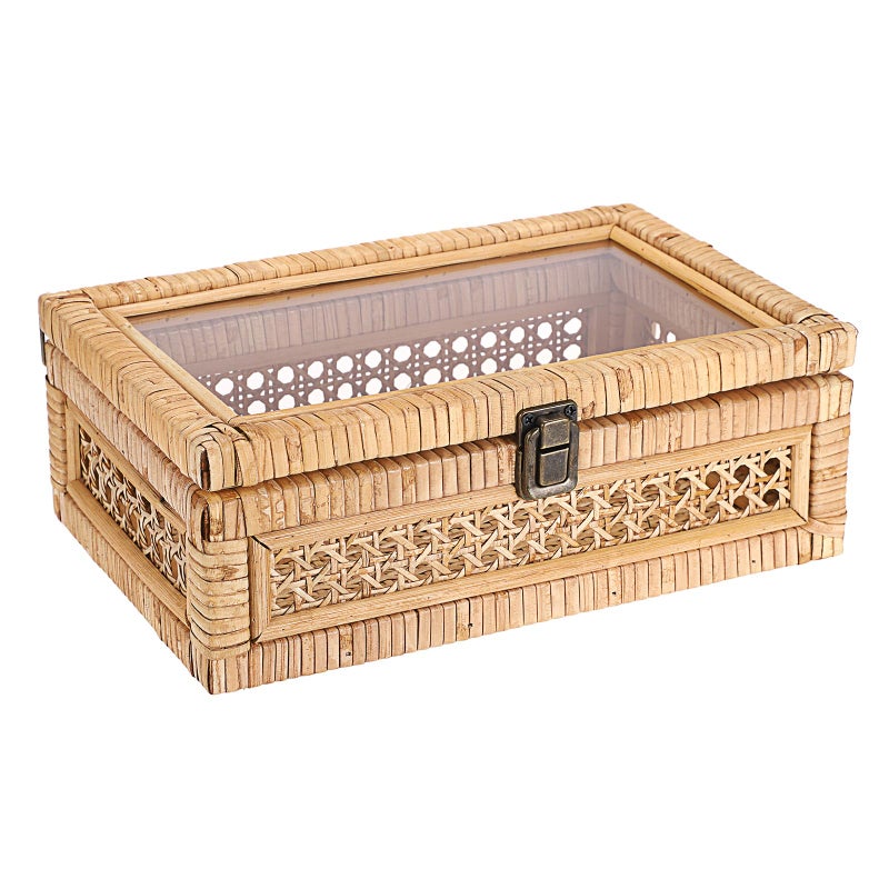 Hipiwe Rattan Display Box with Clear Lid Rectangular Wicker Storage Basket Bin with Metal Secure Latch Handwoven Natural Rattan Decorative Box Small Shelf Organizer Basket for Snacks Remotes - Image 2