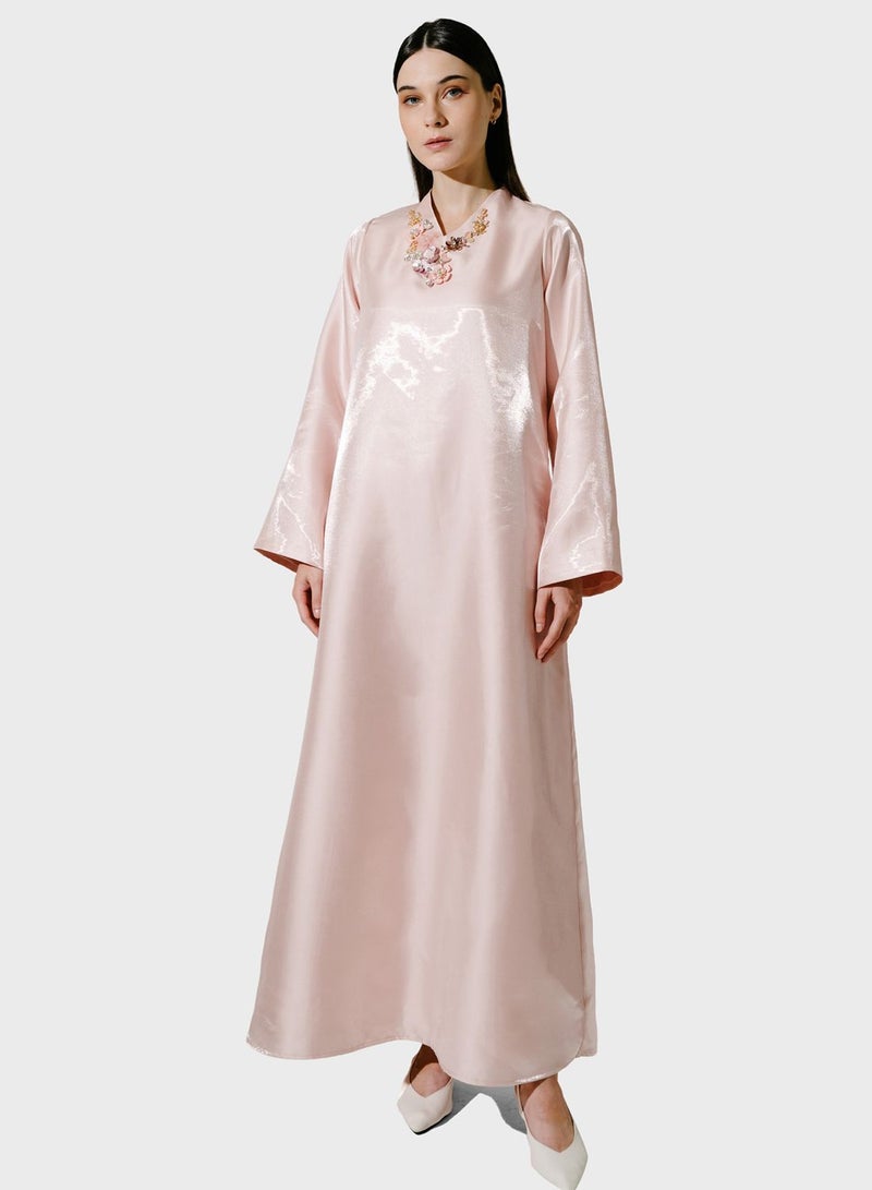 Demure Embroidered Neck Dress - Image 1
