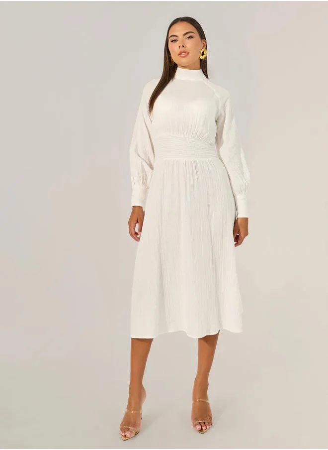 ستايلي Plain Smocked Waist A-Line Midi Dress