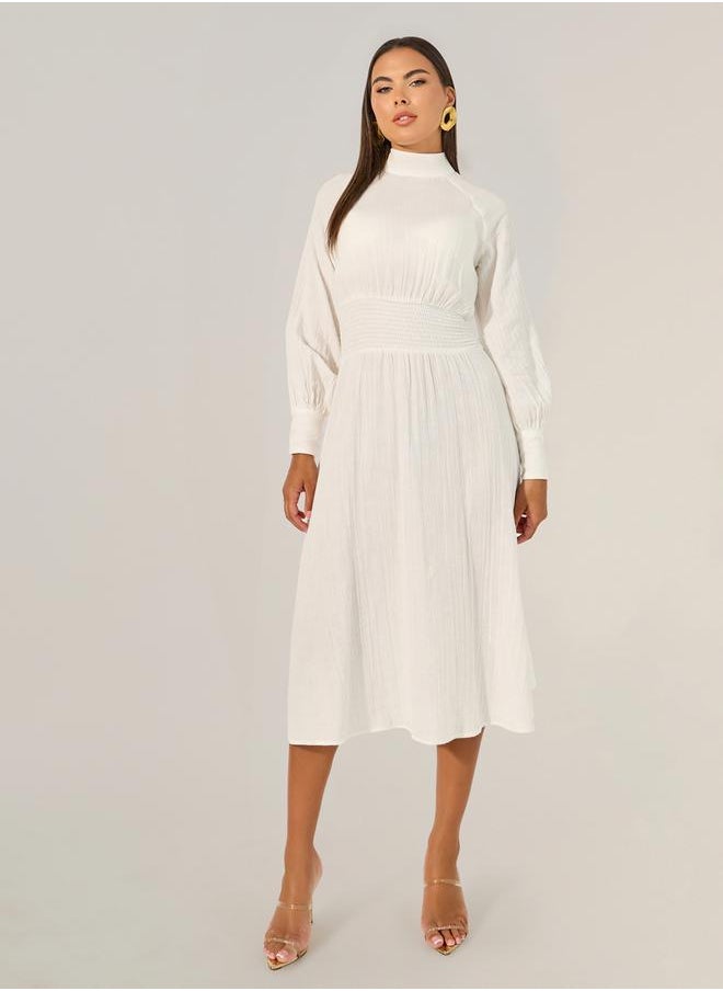 Styli Plain Smocked Waist A-Line Midi Dress  - Image 2