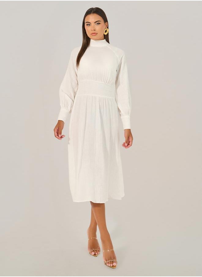 Styli Plain Smocked Waist A-Line Midi Dress  - Image 1