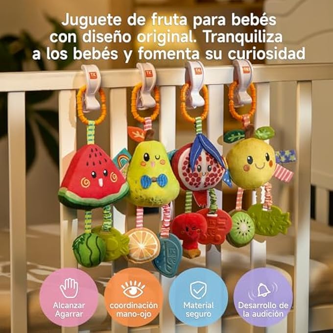 TUMAMA BABY HANGING RATTLE TOYS 4 PACK FRUIT SOFT SENSORY SET FOR CAR SEAT STROLLER MOBILE 0 3 6 9 12+ MONTHS - Image 2