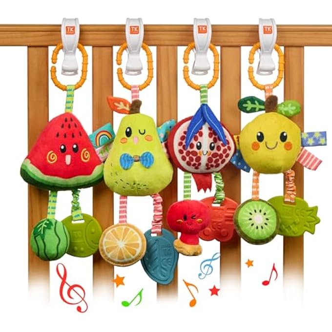 TUMAMA BABY HANGING RATTLE TOYS 4 PACK FRUIT SOFT SENSORY SET FOR CAR SEAT STROLLER MOBILE 0 3 6 9 12+ MONTHS - Image 1