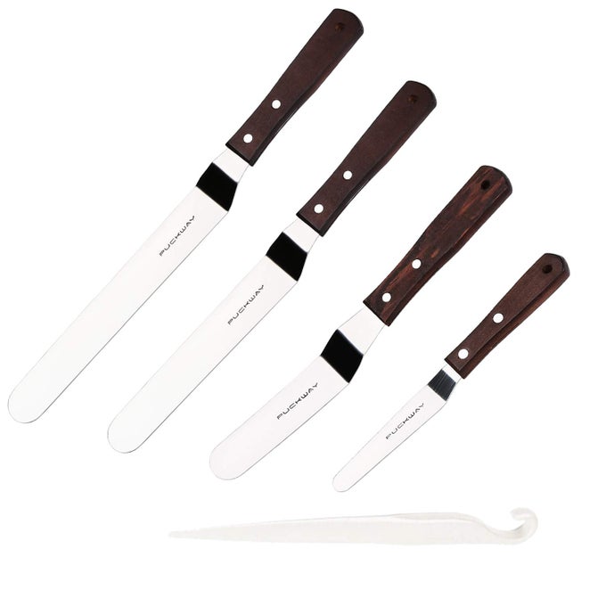 4 PCS CAKE DECORATING ICING SPATULA SET WITH 4 6 8 10 INCH STAINLESS STEEL BLADE WOOD HANDLE FROSTING SPATULAS AND CAKE STRIPPING TOOL