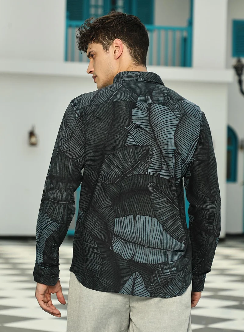 كامبوس سوترا Men's Viridian Green Foliage-Outline Shirt