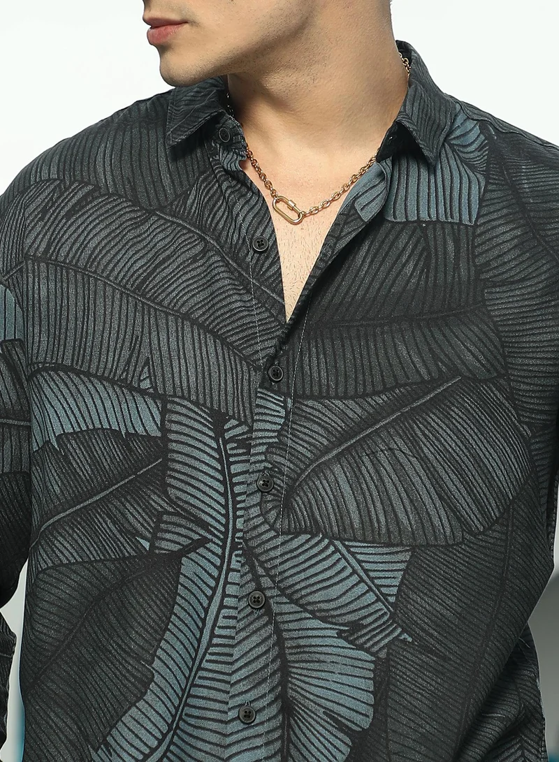 كامبوس سوترا Men's Viridian Green Foliage-Outline Shirt
