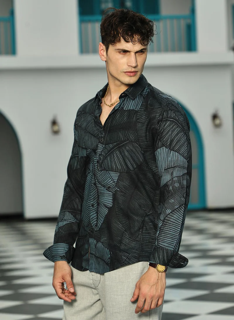 كامبوس سوترا Men's Viridian Green Foliage-Outline Shirt