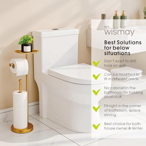 Wismay Standing Toilet Paper Holder Gold, TP Holder with 6.7" Phone Shelf, Holds 5 Rolls, Stainless Steel (Gold) - Image 2