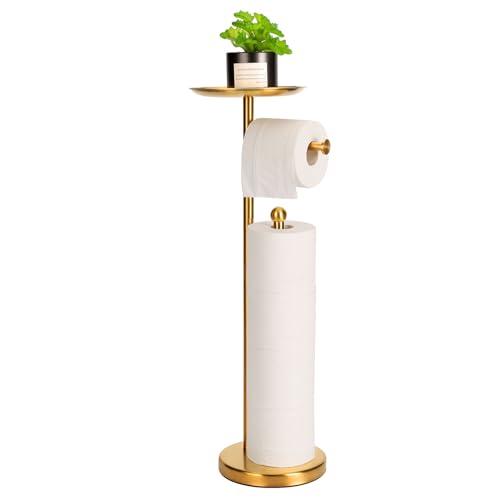 Wismay Standing Toilet Paper Holder Gold, TP Holder with 6.7" Phone Shelf, Holds 5 Rolls, Stainless Steel (Gold) - Image 1