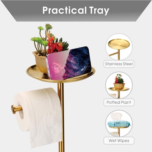 Wismay Standing Toilet Paper Holder Gold, TP Holder with 6.7" Phone Shelf, Holds 5 Rolls, Stainless Steel (Gold) - Image 5