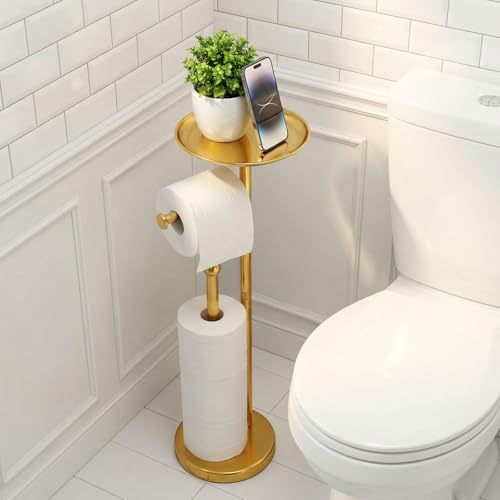 Wismay Standing Toilet Paper Holder Gold, TP Holder with 6.7" Phone Shelf, Holds 5 Rolls, Stainless Steel (Gold) - Image 3