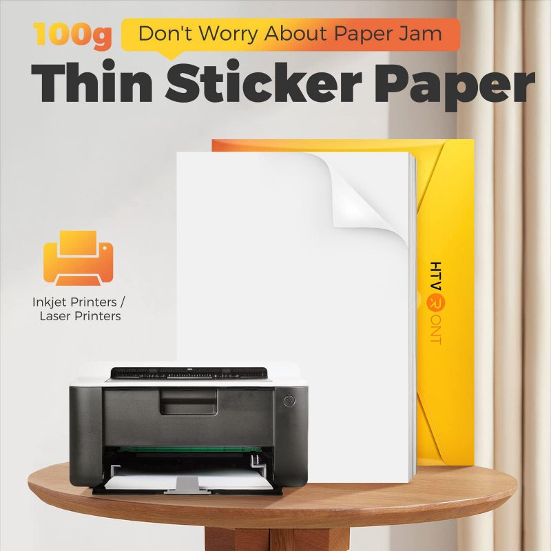 HTVRONT Printable Vinyl Sticker Paper, 100 Sheets Matte Waterproof Sticker Paper For Inkjet Printer Dries Quickly-Standard Letter Size 8.5"X11" - Image 3