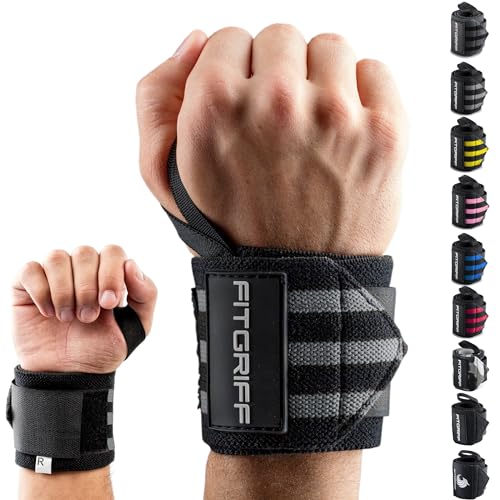 Fitgriff® Wrist Wraps for Weightlifting (18") Heavy-Duty Support for Gym, Bench Press, and Pushups (1 Pair) - for Men and Women (Black/Grey) - Image 1