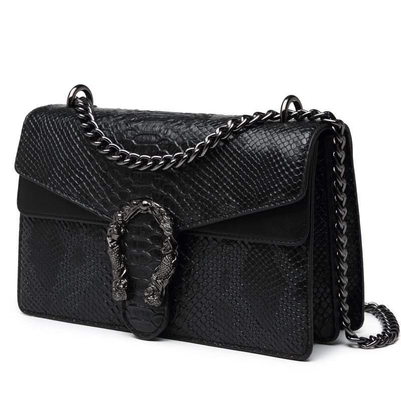 MYHOZEE Crossbody Bags for Women - Snake Printed Clutch Purses Leather Shoulder Bags Chain Strap Evening Handbags Black - Image 1